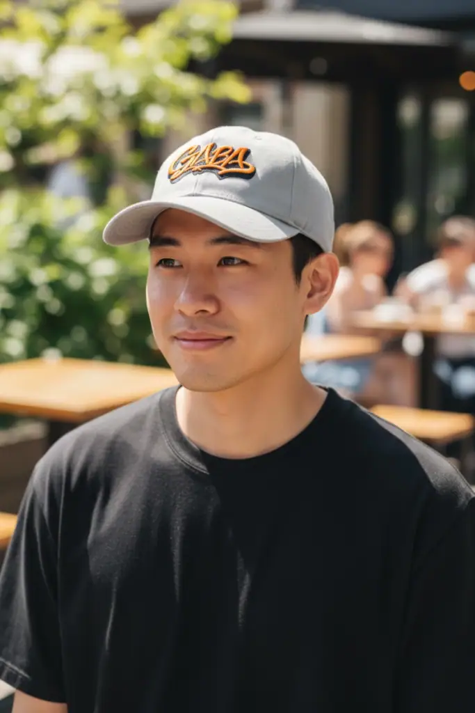 Man wearing GABA branded grey cap outdoors, casual style.