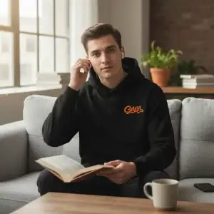 Young man wearing a black GABA Clothing hoodie, sitting on a sofa in a modern living room.