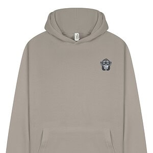 Comfortable grey hoodie with small monkey logo, perfect for casual wear and sports.