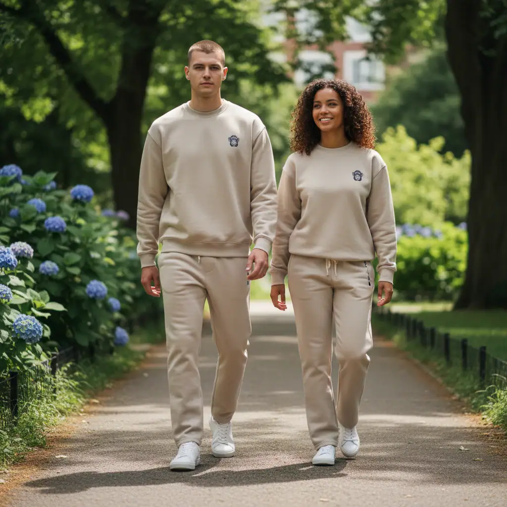 Casual beige hoodie and joggers set with small monkey logo, perfect for comfortable streetwear.