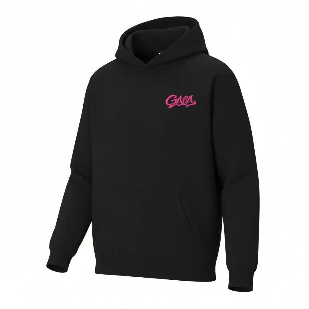 Black hoodie with pink GABA logo, comfortable casual wear for street style.