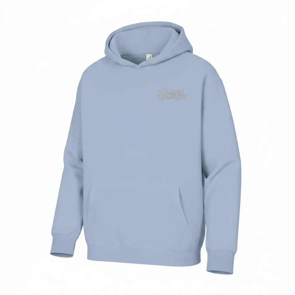Light blue GABA hoodie with embroidered logo, comfortable casual wear for everyday style.