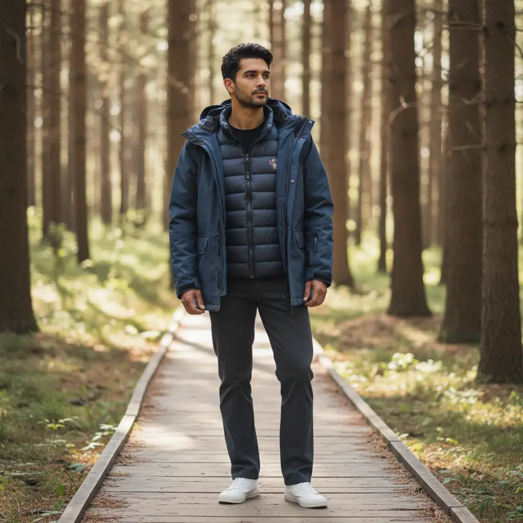 Man wearing a navy outdoor jacket and black pants walking in a forest setting.