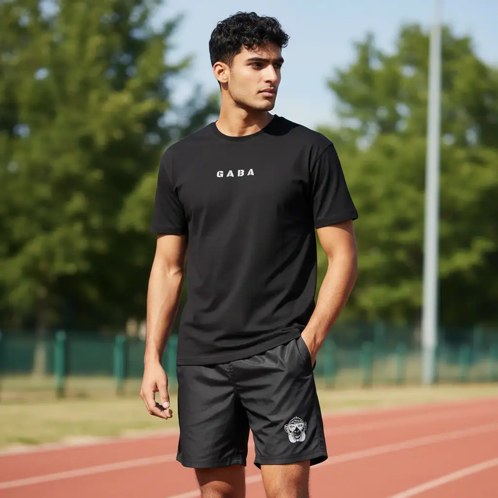 Male athlete wearing GABA Performance Tee ION-Charge on running track.