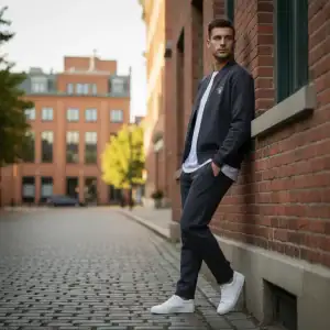 Man wearing GABA Signature Bomber Jacket in urban street setting.