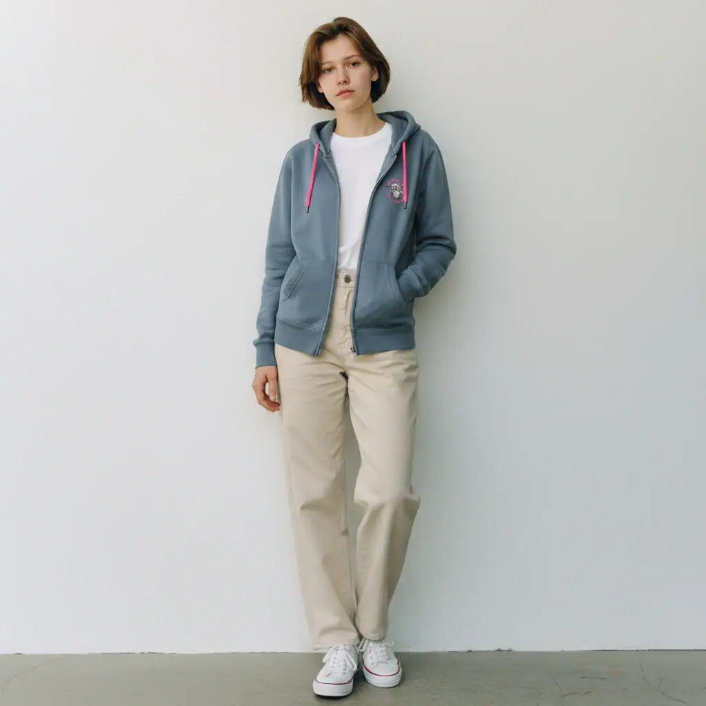 Woman wearing GABA heavy heavyweight hoodie in grey with pink drawstrings.