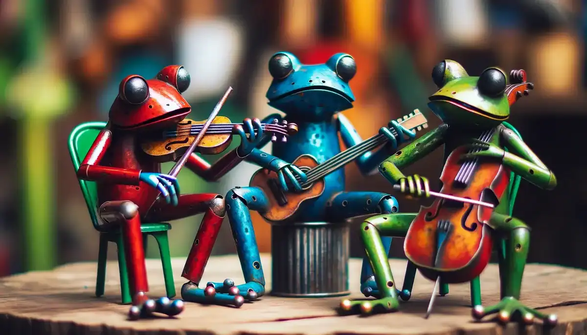 3 metal frog sculptures - muscians