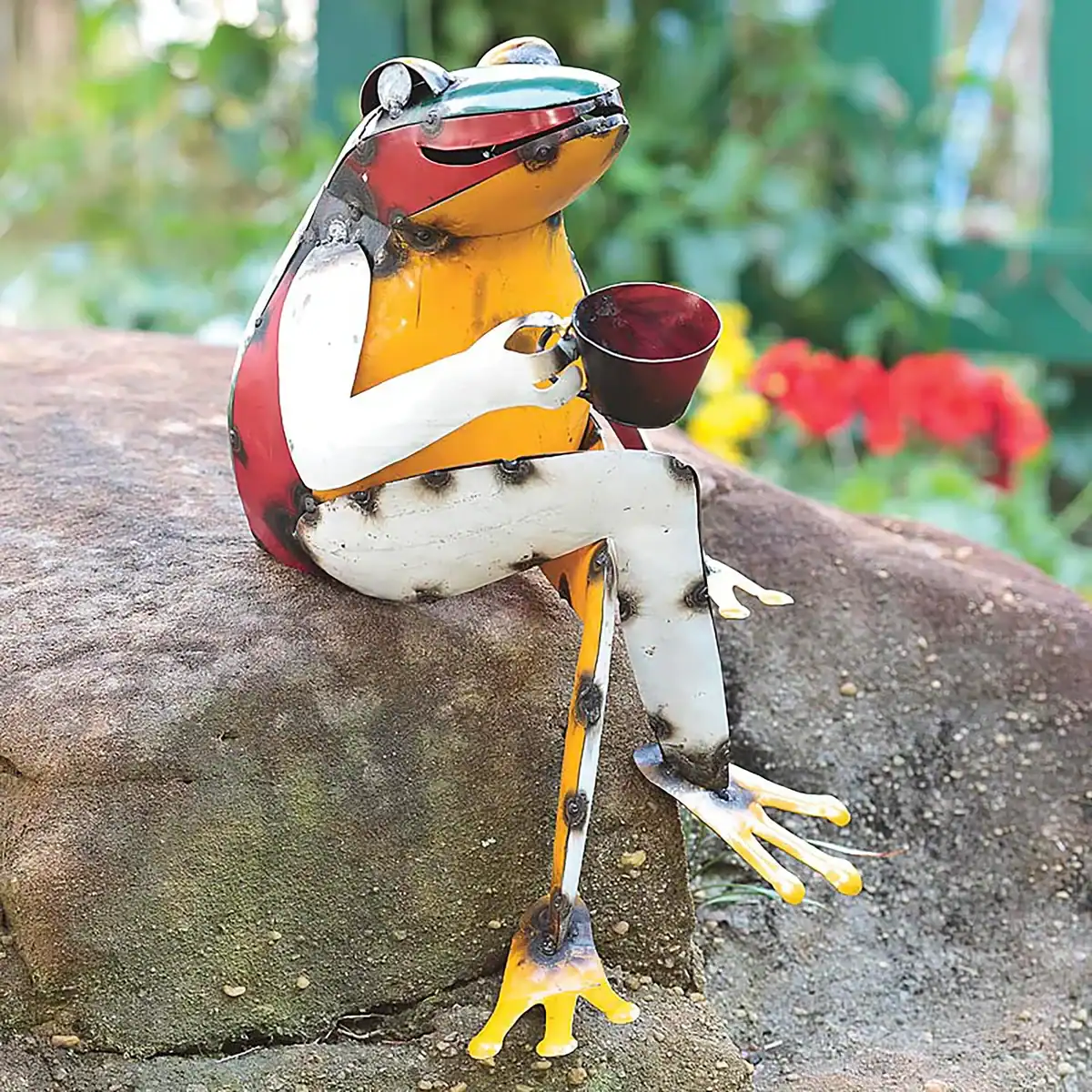 recycled metal frog with coffee garden sculpture
