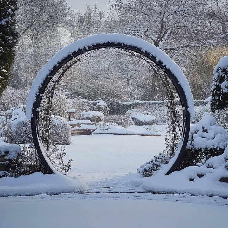 snow covered moon gate trellis arbor