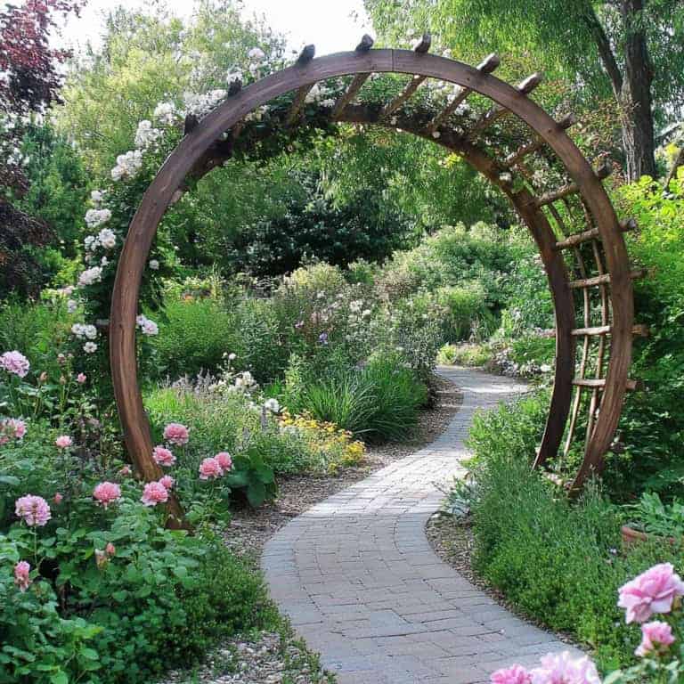 wooden moon gate arbor over path