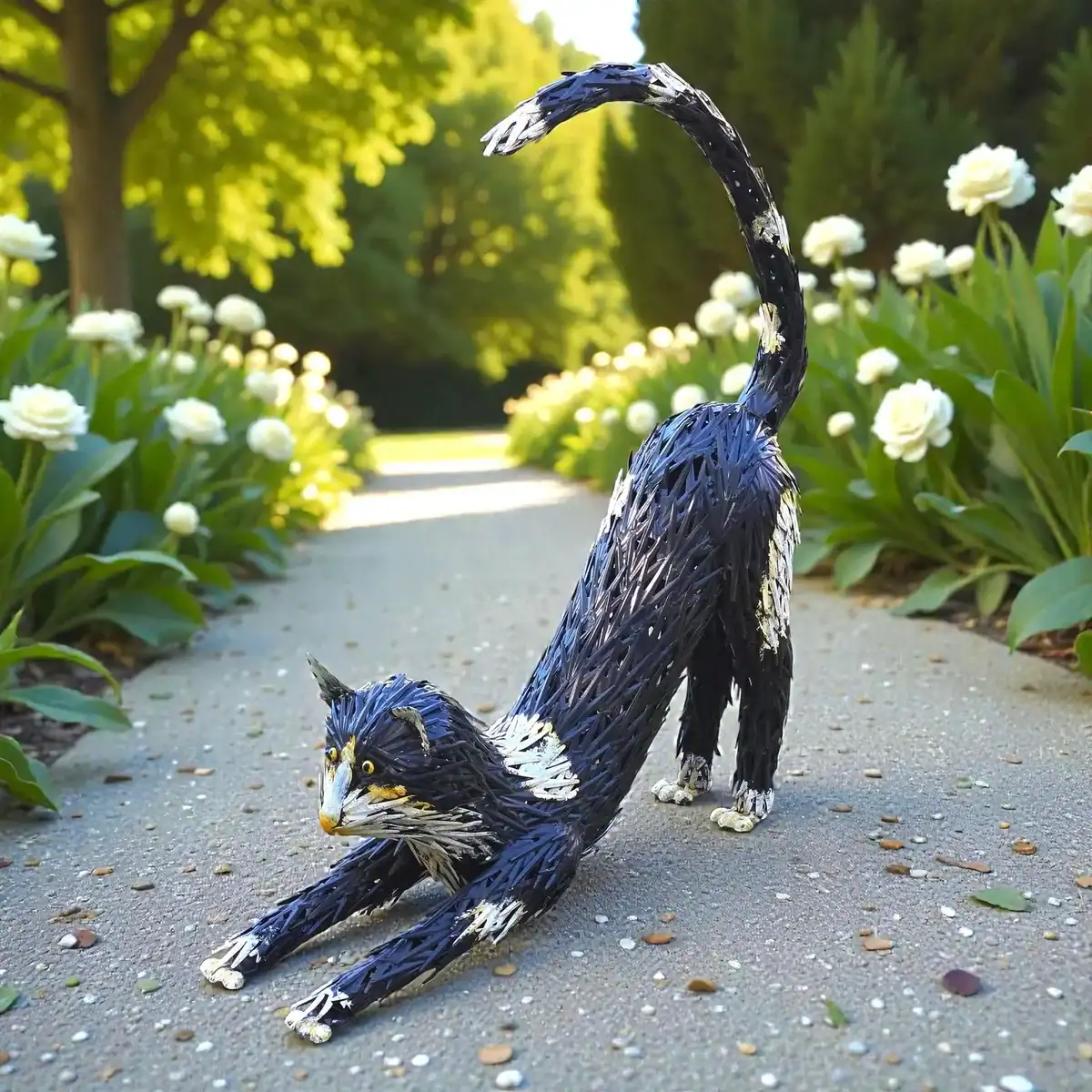 black and white stretching cat sculpture