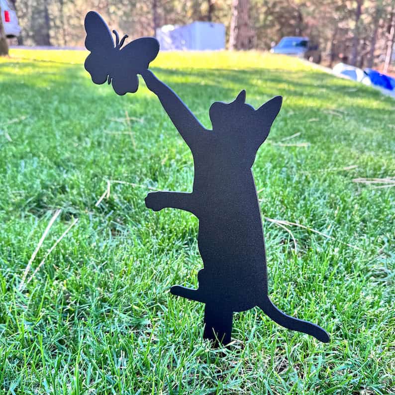 black metal cat with butterfly garden stakes