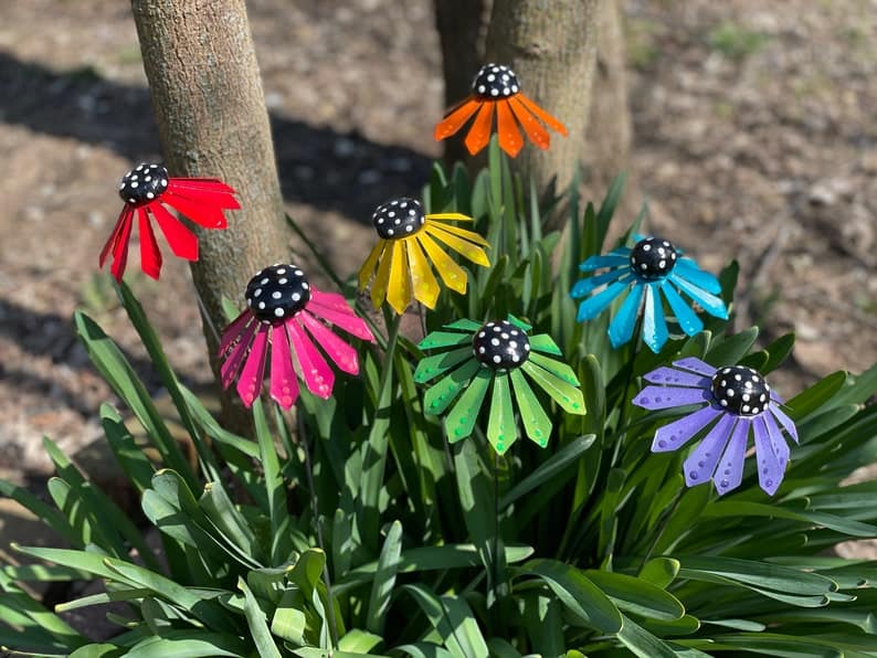 colorful metal coneflower garden stakes
