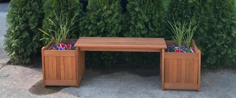 Wood bench with built-in planter