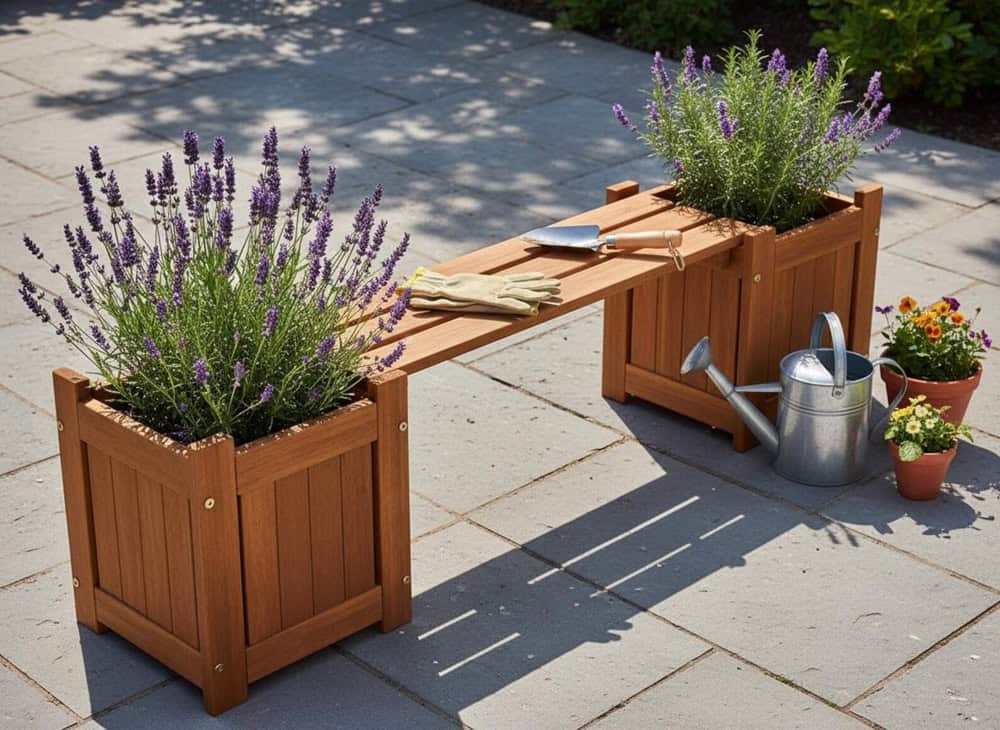 wood planter bench with lavendar plants