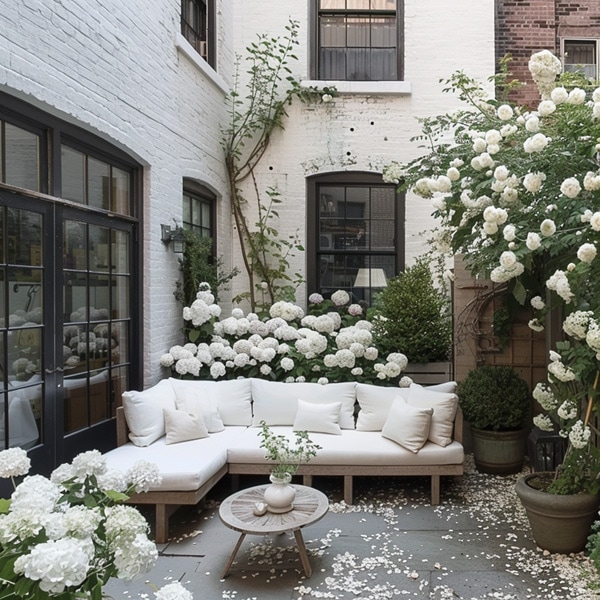 white flowers in a city garden