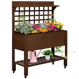 Outsunny Raised Garden Bed with Wheels Trellis Storage Shelf Wooden Planter Box Dark Brown | Aosom.com