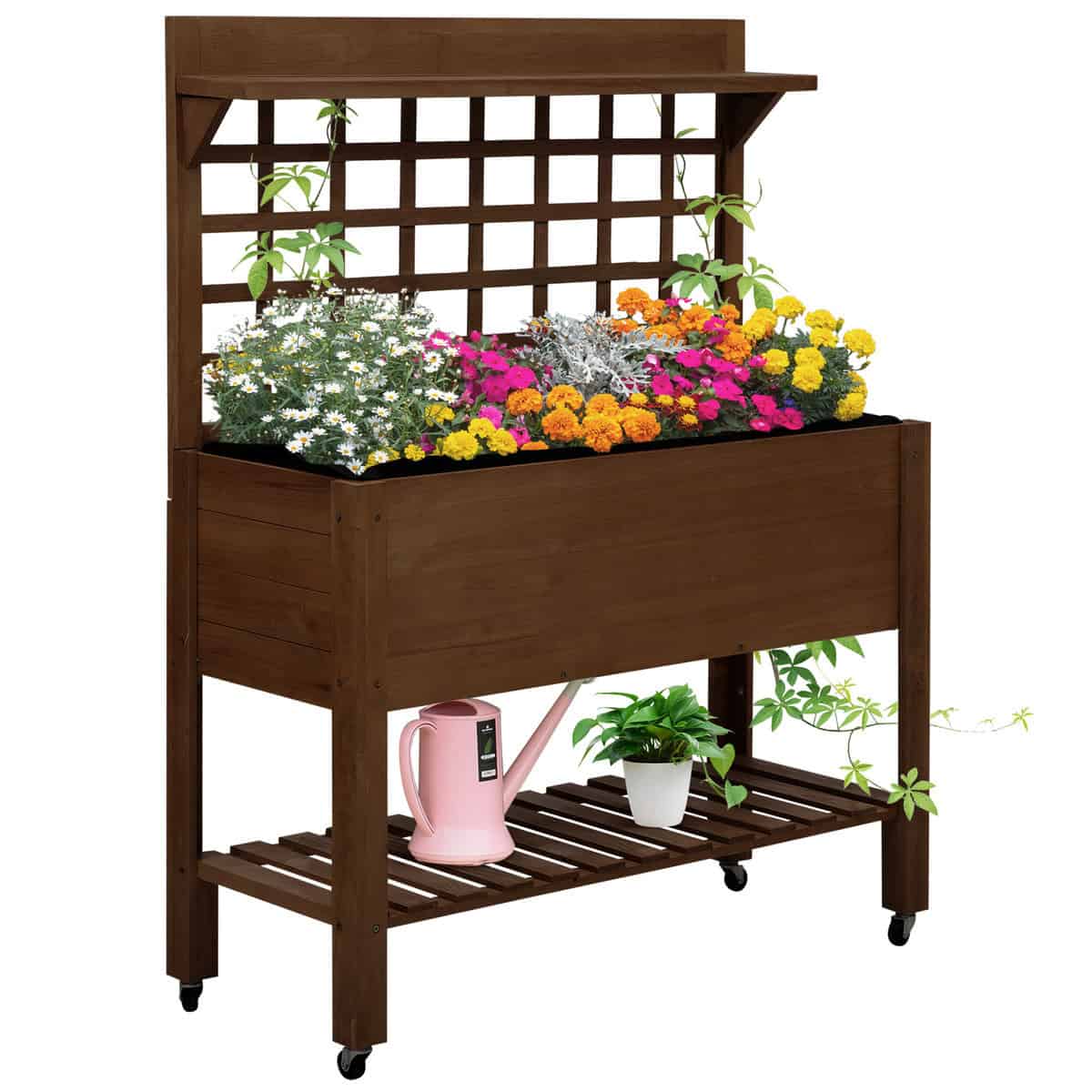 Outsunny Raised Garden Bed with Wheels Trellis Storage Shelf Wooden Planter Box Dark Brown | Aosom.com
