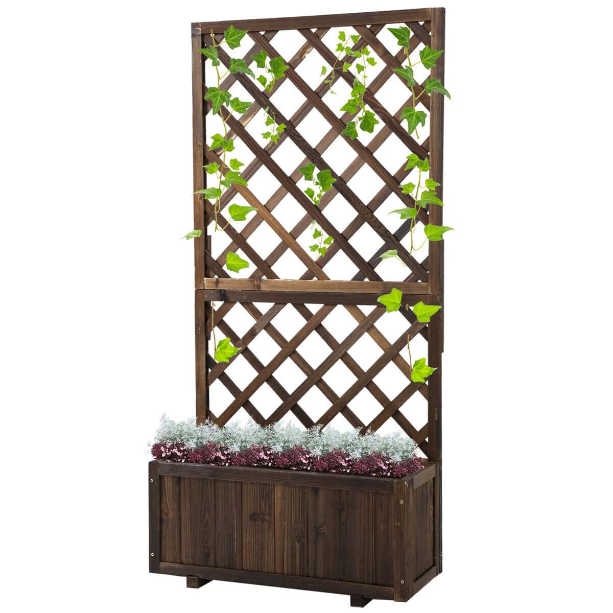 Outsunny Wooden Raised Garden Bed with Trellis Planter Box Drain Holes for Climbing Vine Plants Brown| Aosom.com