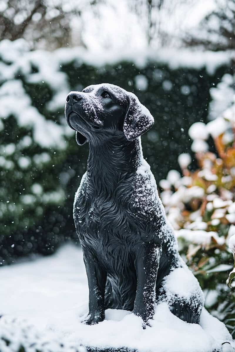 labrador_black_snow Black labrador retriever garden statue in the snow