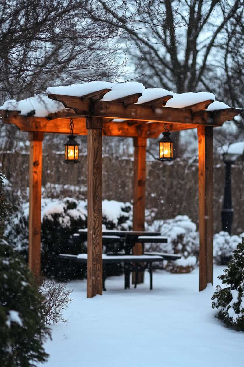 pergola_lanterns_snow snow covered pergola with lanterns