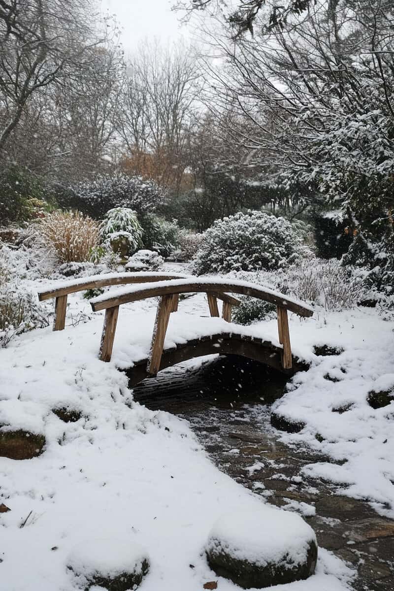 snow_covered_bridge a snow covered garden with a bridge