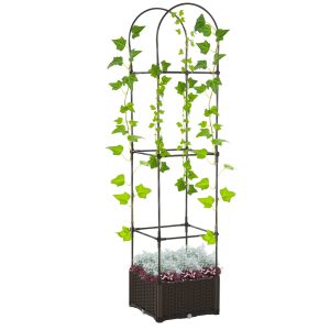 Outsunny Elevated Garden Bed with Trellis Outdoor Planter Box Self-Watering with Drainage Brown | Aosom.com