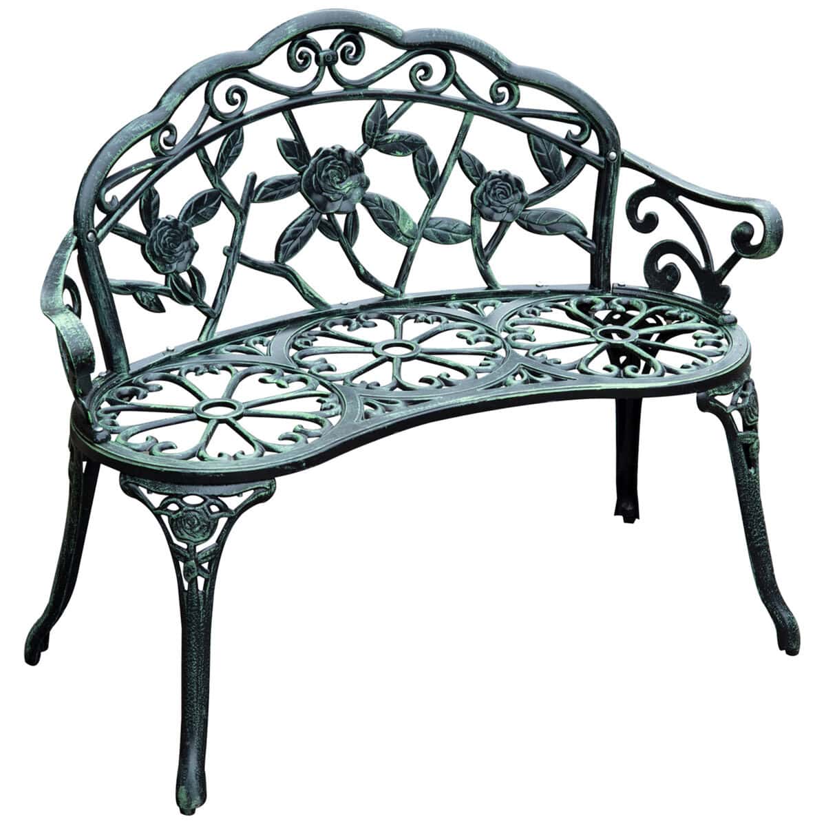 Outsunny Garden Bench Chair Floral Rose Design, Antique Green Cast Aluminum Frame, Outdoor Loveseat for Patio, Park, Deck | Aosom.com