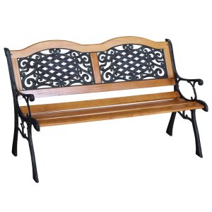 Outsunny Outdoor Bench 50ft 2-Person Wood Slat Metal-Legged Seat, Tilted Backrest, for Patio, Garden - Teak | Aosom.com