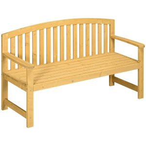 Outsunny Outdoor Patio Wood Bench 56 2-Seater Slatted Seat Backrest Arm Rests Natural | Aosom.com