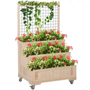 Outsunny Wheeled Flower Stand with Storage Wooden Flower Box with Trellis, Raised Garden Bed, Multi-Tier, Natural Wood | Aosom.com