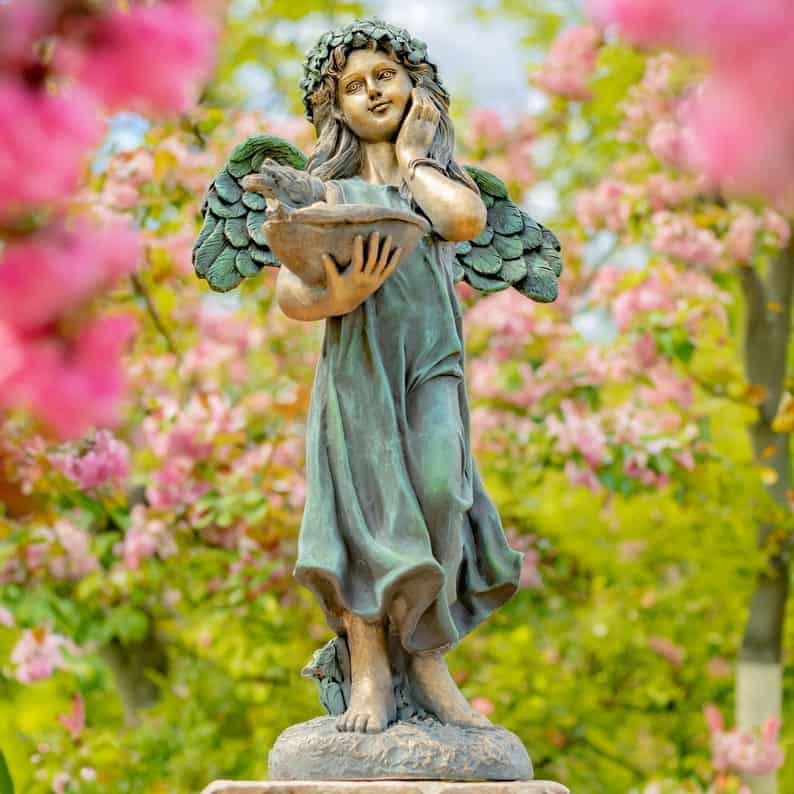 angel statue with birdbath - bronze finish
