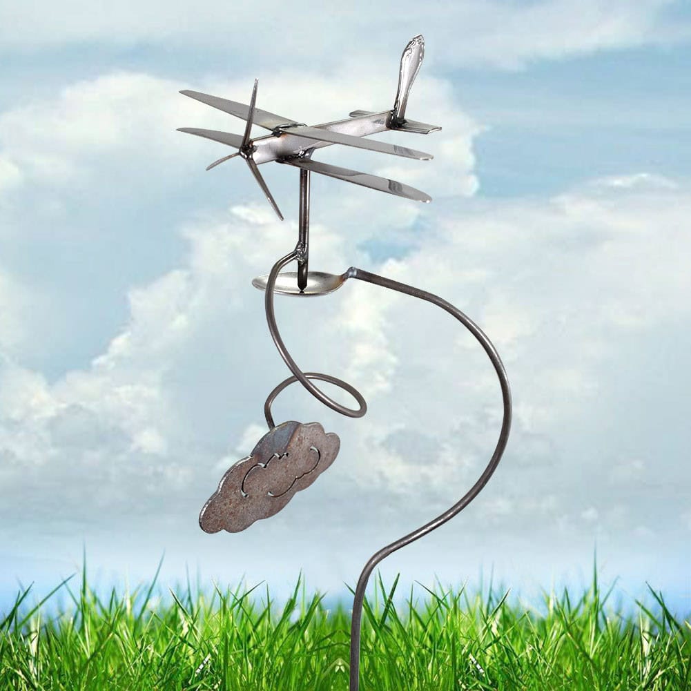 Recycled metal airplane balancing garden stake