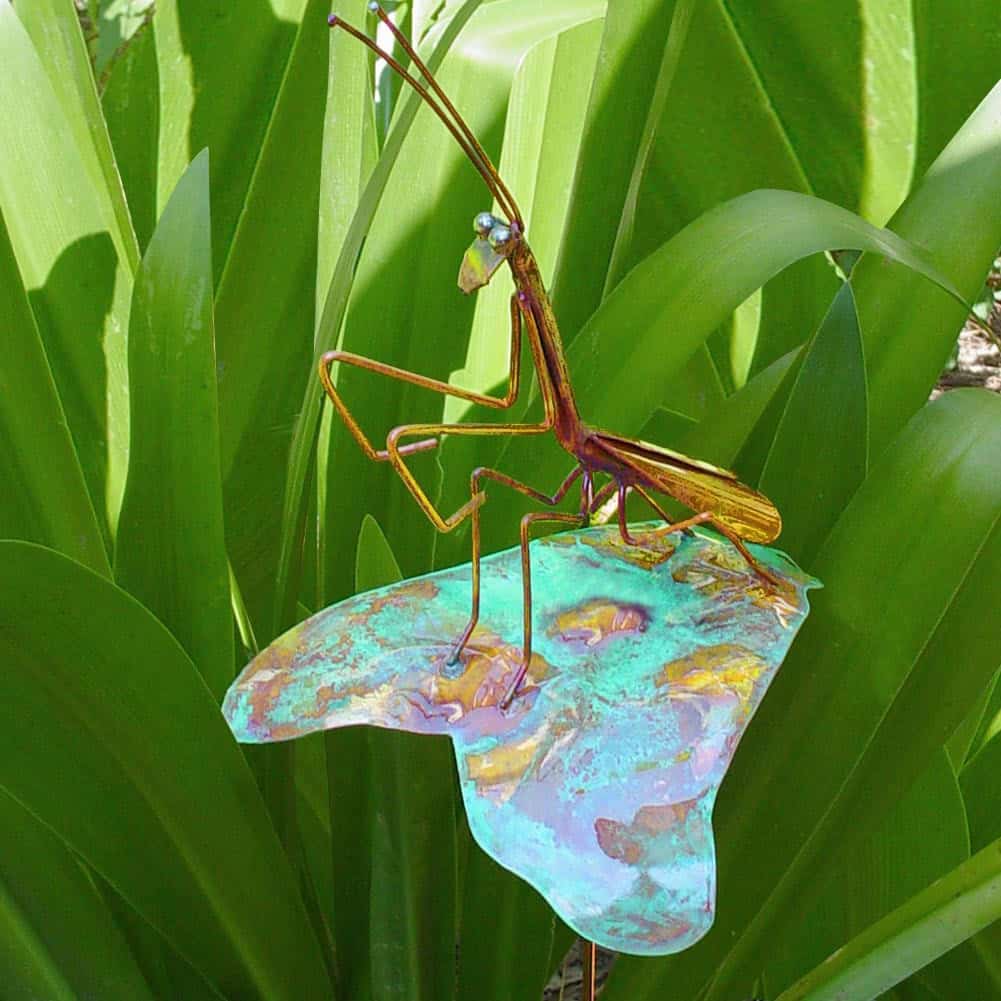 copper praying mantis garden stake