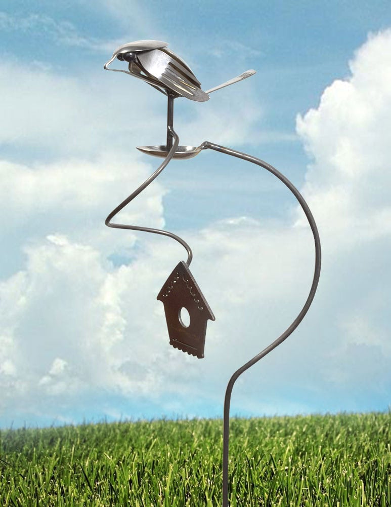 flatware finch balancing garden stake