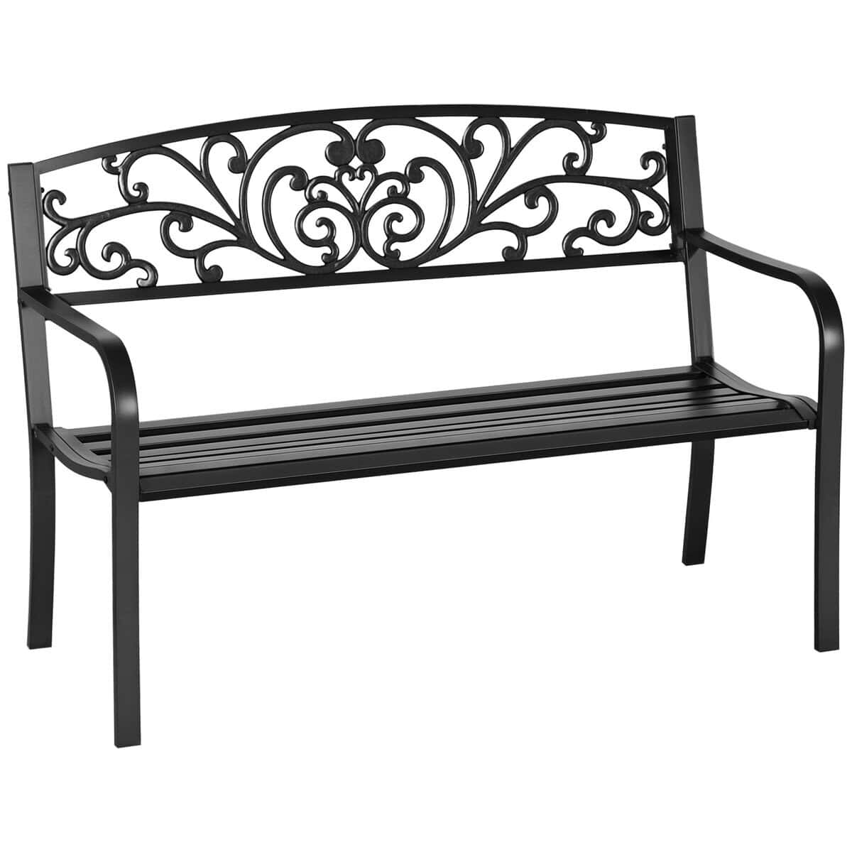 Outsunny 50" Decorative Garden Bench Outdoor Metal Patio Park Bench with Floral Design Comfortable Seating Black | Aosom.com