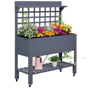 Outsunny Raised Garden Bed with Wheels Trellis Storage Shelf Wooden Planter Box Gray | Aosom.com