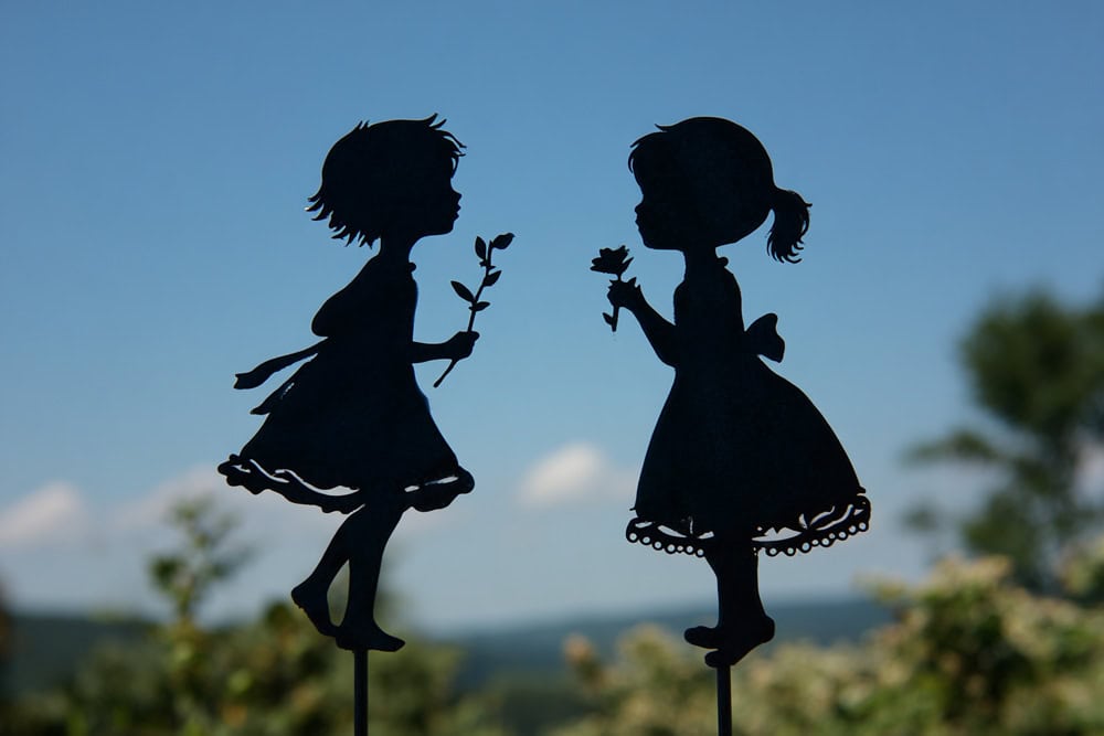 2 girl silhouette garden sculpture stakes