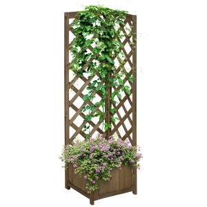 Outsunny Carbonized Wooden Raised Garden Bed with Trellis for Climbing Plants Vegetables| Aosom.com