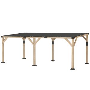 Outsunny 10' x 20' Wooden Gazebo, Hardtop Lean-to Gazebo Pergola with Galvanized Steel Sloped Roof, Light Walnut