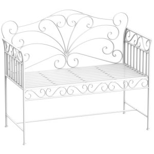 Outsunny 45" Patio Garden Bench, Cast Iron Antique Porch Benches for Outside, Cream White