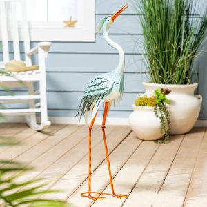 Aqua Blue Heron Statue Metal Garden Statue, 35" H