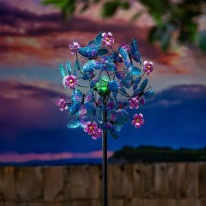 Blue Butterfly & Flowers Solar Metal Wind Spinner, 74" H