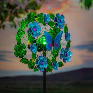 Blue Flower & Butterfly Solar Metal Wind Spinner, 74" H