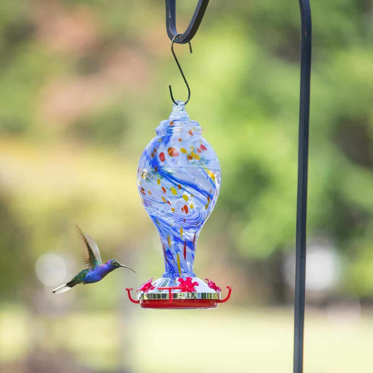 Blue Swirled Glass Hummingbird Feeder