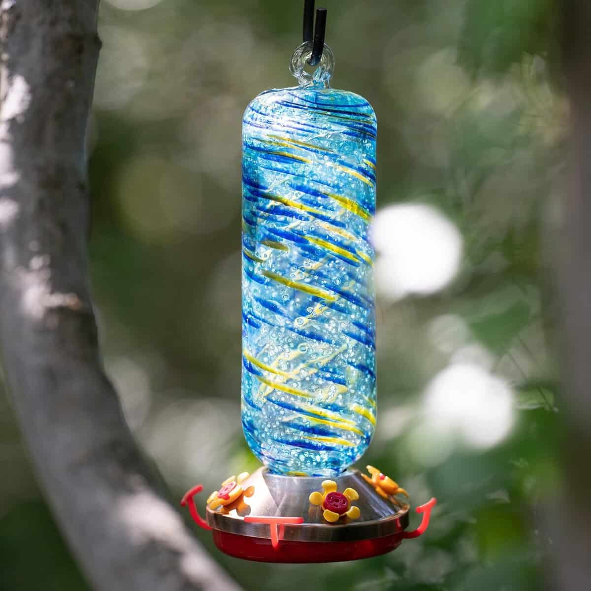 Glow-In-The-Dark Glass Hummingbird Feeder, Blue