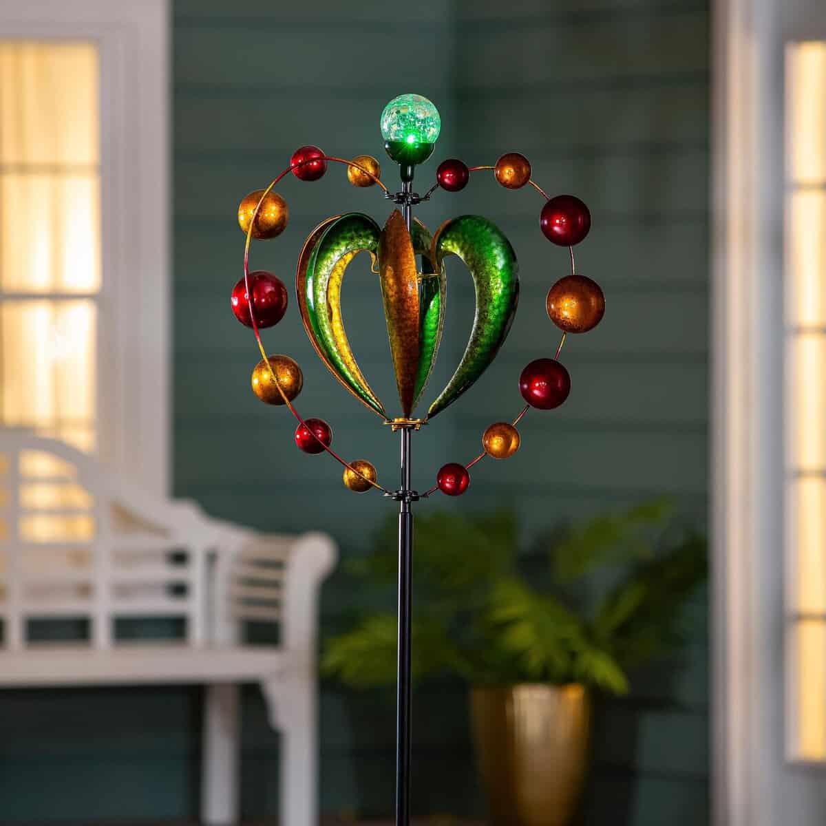 Green & Gold Heart Solar Metal Wind Spinner, 81" H