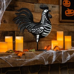 Halloween Metal Rooster Skeleton Garden Statue