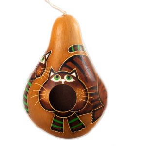Hand-Painted Dried Gourd Birdhouse with Cat Motif from Peru