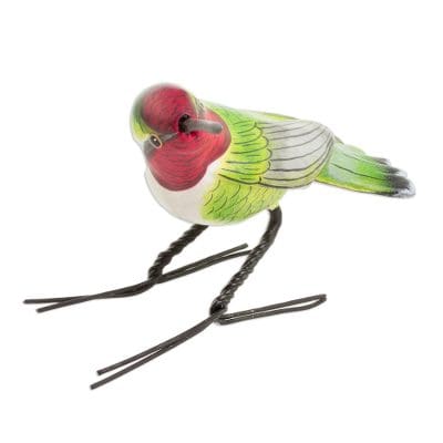 Handcrafted Red-Headed Anna's Hummingbird Ceramic Figurine